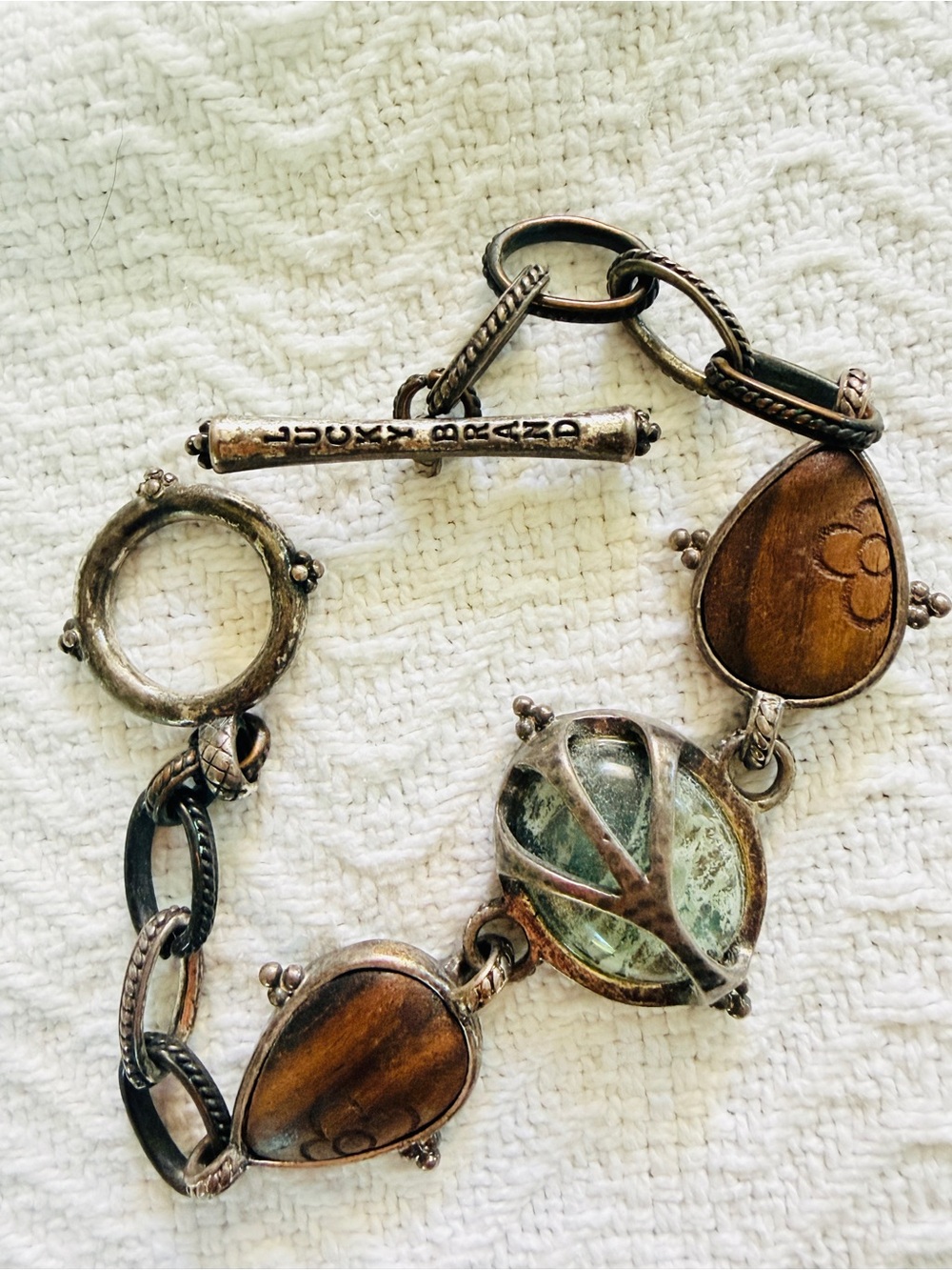 Vintage Lucky Brand Bracelet wood inlay caged center gemstone peace sign